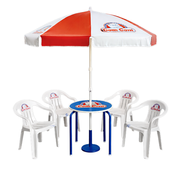 Juego de mesa y 4 sillas com-com con sombrilla y base